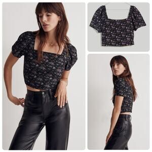 Madewell NWOT HopewelL Black Smocked Crop Top in Blurred Ikat Small